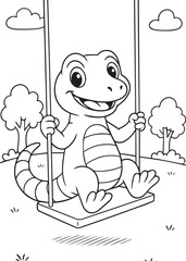 Coloring book happy lizard sitting on a swing in the park.