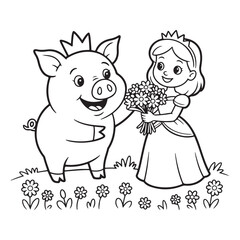 A princess giving flowers to a pig wearing a crown outline colouring page