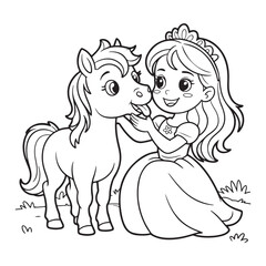 Princess with horse coloring page line art illustration colouring page