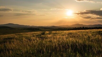 Fototapeta premium Golden Glow of Celebration: New Year Decorations Meet Grassland Sunset in Breathtaking Images As the sun dips below the horizon, painting the grassland in hues of amber and crimson, vibrant New Year d