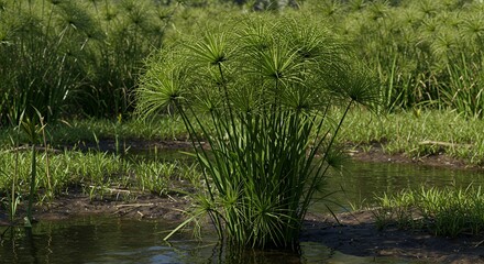 Papyrus Plant Growing in Wetland with Green Foliage and Water Reflection