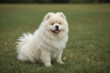 Fototapeta premium Happy fluffy dog sits park, green background, pet portrait