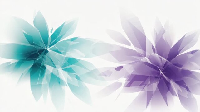 Abstract digital art of two translucent crystal flowers in teal and purple colors on a white background.