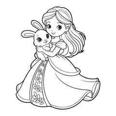 Cartoon princess hugging a rabbit in black and white outline colouring page