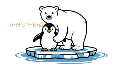 Scalable vector illustration featuring a cute polar bear and penguin duo standing or sitting together on a floating ice platform, easily editable.