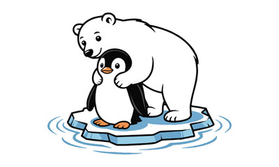 Scalable vector illustration featuring a cute polar bear and penguin duo standing or sitting together on a floating ice platform, easily editable.