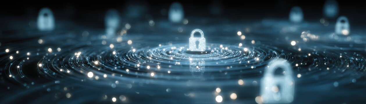 A mesmerizing digital artwork depicting glowing locks floating in rippling water, symbolizing security and protection in a serene environment, Commercial Quantum Computing