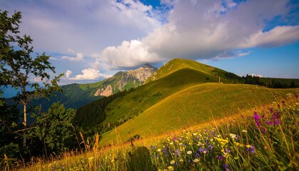 Obraz premium Peaceful Bohemian landscape with rolling hills, golden meadows, and scattered wildflowers under a soft pastel sky. Tranquil countryside scene evoking freedom, nature, and rustic charm