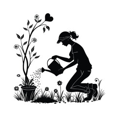 A detailed black and white vector illustration of a woman kneeling on the ground beside a potted plant. 