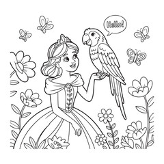 Princess with parrot in garden coloring page illustration colouring page