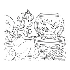 Princess watching goldfish in a bowl coloring page outline colouring page