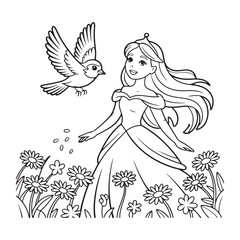 Princess with bird in flower field coloring page outline colouring page