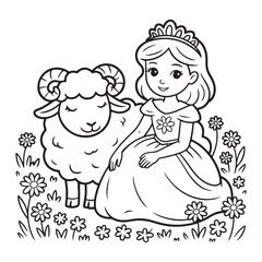 Princess with sheep in a flower field coloring page art colouring page