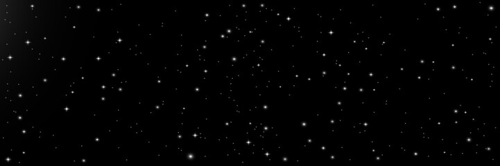 Space Stars background. Glowing Silver Stars on black Background. Shining Stars in Space. Modern dark banner with Empty Space for advertising or product display. Realistic Vector illustration