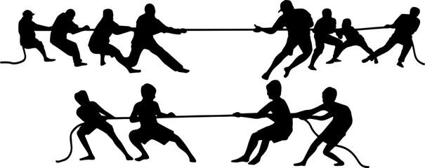 Silhouette of Tug of war or tarik tambangTraditional Game for Indonesian Independence Day Celebration.