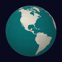 Fototapeta premium Guatemala on the map. Globe centered to Guatemala. Country location on the world map. Teal Pale Mint color palette. Globe with countries, meridians and parallels. Amazing vector illustration.