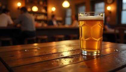 Macro shot of a reclaimed wood tabletop with condensation rings from a beer glass, set against a blurred backdrop of a bustling speakeasy with vintage lamps and dark mahogany accents.