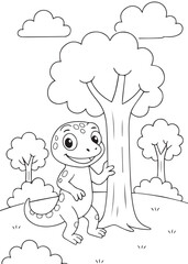 Coloring book lizard playing hide and seek in the garden.