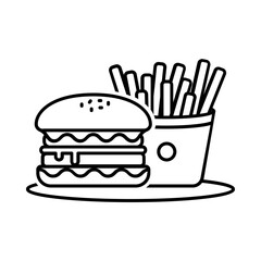 Outline drawing of a burger with sesame seeds and a side of french fries in a container on a plate