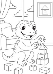Coloring book lizard playing with toy blocks indoors.