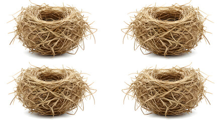 Obraz premium Four empty bird nests isolated on white background perfect for spring easter crafts home decor projects natural material