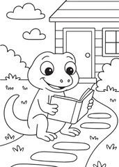 Coloring book lizard sitting and reading a book in the yard.