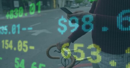 Man pushing bike to curb and pulling smartphone while checking stock data with figures flickering - Powered by Adobe
