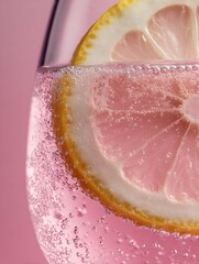 Fototapeta premium pink fizzy cocktail drink with citrus lemon slice bubbles carbonated beverage macro closeup