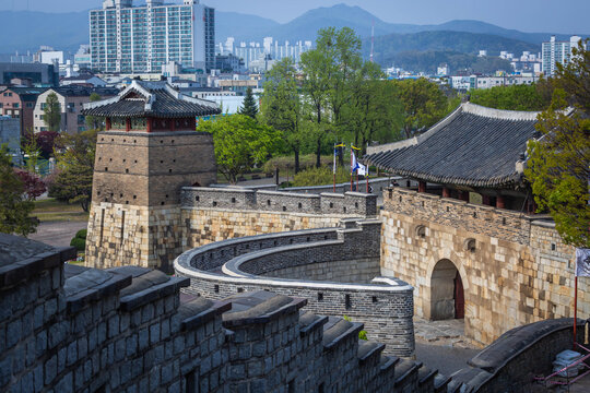 Summer at Suwon Old city wall at Hwaseong Fortress, Traditional Architecture of Korea at Suwon, South Korea.