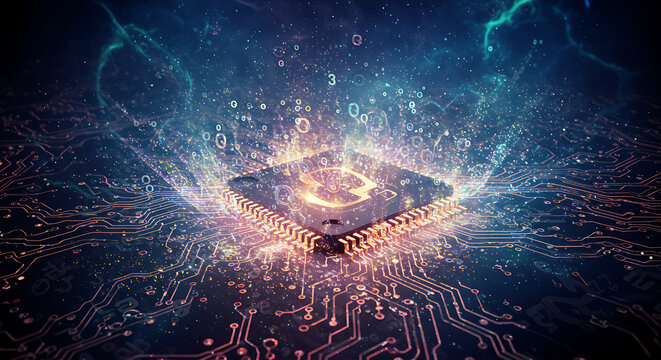 Abstract digital art of a glowing butterfly emerging from circuitry