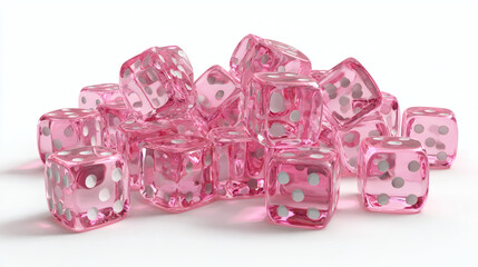 Pink translucent dice scattered, 3D render style, isolated on transparent background 