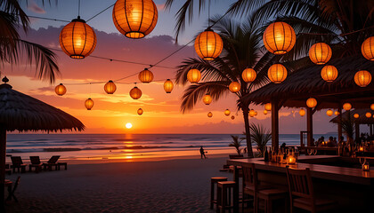 sunset at the beach, lantern, 8k image