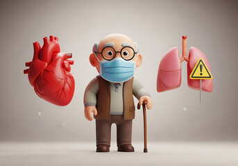 Elderly Man Wearing Mask with Heart and Lungs 3 D Render