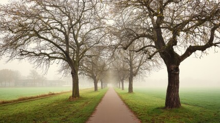 Fototapeta premium Foggy Park View Empty Asphalt Path, Bare Trees, Green Lawn, Mystical Landscape