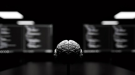 Human brain representation in a dark room with blurred computer screens, symbolizing artificial intelligence and data processing.
