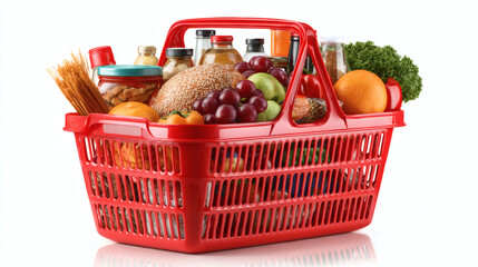Plastic red shopping basket full of assorted grocery products isolated on white or transparent background isolated on transparent background 
