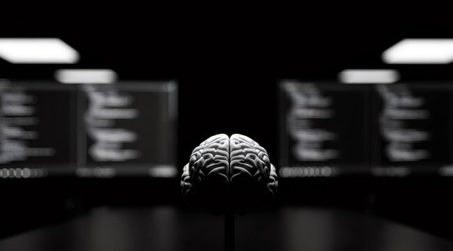 Human brain representation in a dark room with blurred computer screens, symbolizing artificial intelligence and data processing.