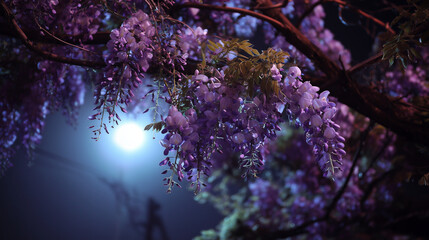 Wisteria flowers glowing in the moonlight at night　夜の藤