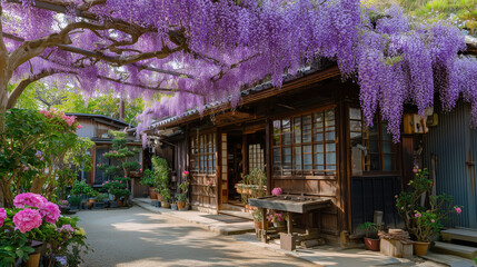 Japanese traditional house with a beautiful wisteria trellis in spring　藤の咲く古民家