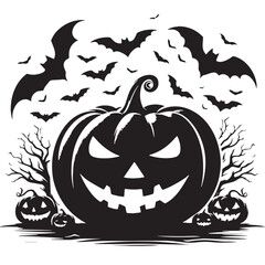  black Halloween pumpkin with bats Silhouette Vector, High Quality Illustration on White Background