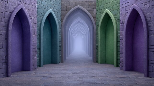 Surreal digital art portal between dimensions in abstract stone hallway philosophy of infinite possibilities