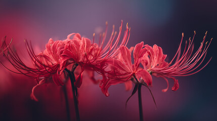 Dramatic close-up of red spider lilies against a moody background　彼岸花クローズアップ