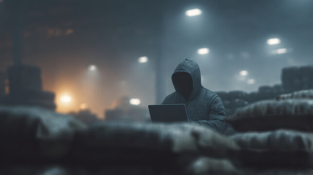 Retrofuturistic Global Supply Chain Pressure, retrofuturistic figure hooded jacket works laptop global supply chain pressure dim warehouse