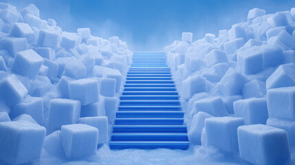 Obraz premium Retrofuturistic Global Supply Chain Pressure, retrofuturistic blue staircase rises through global landscape of ice cubes symbolizing supply chain
