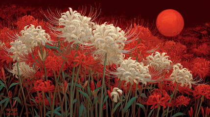 Artistic illustration of red and white spider lilies with a red moon　白と赤の彼岸花と赤い月