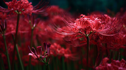 Dramatic close-up of vibrant red spider lilies against a dark background