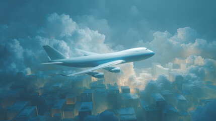 Retrofuturistic Global Supply Chain Pressure, Retrofuturistic airplane flying above global cityscape showing supply chain pressure in sky