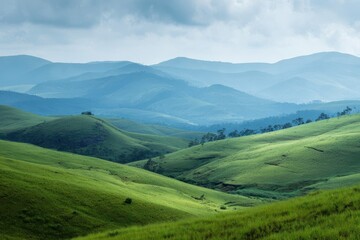Fototapeta premium Misty mountain range over bright green rolling hills scenic landscape nature