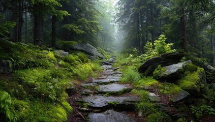Misty forest path lined with moss-covered stones (1)