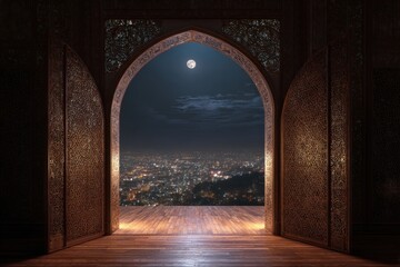 Fototapeta premium Ornate Archway Opens to Night Cityscape under Full Moon View from Wooden Balcony
